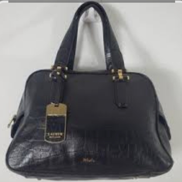 Ralph Lauren Black 100% Leather Croc Embossed Gold Hardware Satchel Tote - Picture 1 of 16